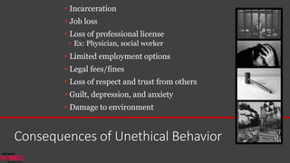 Consequences of Unethical Behavior
 Incarceration
 Job loss
 Loss of professional license
 Ex: Physician, social worker
 Limited employment options
 Legal fees/fines
 Loss of respect and trust from others
 Guilt, depression, and anxiety
 Damage to environment
 