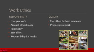 Work Ethics
RESPONSIBILITY
 How you work
 Amount of work done
 Punctuality
 Best effort
 Responsibility for results
Q...