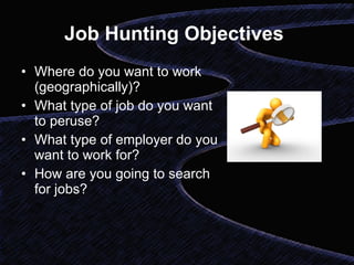 Job Hunting Objectives   ,[object Object],[object Object],[object Object],[object Object]