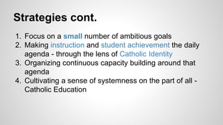 Strategies cont. 
1. Focus on a small number of ambitious goals 
2. Making instruction and student achievement the daily 
agenda - through the lens of Catholic Identity 
3. Organizing continuous capacity building around that 
agenda 
4. Cultivating a sense of systemness on the part of all - 
Catholic Education 
 