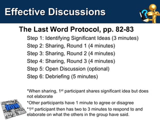Effective Discussions 
The Last Word Protocol, pp. 82-83 
Step 1: Identifying Significant Ideas (3 minutes) 
Step 2: Sharing, Round 1 (4 minutes) 
Step 3: Sharing, Round 2 (4 minutes) 
Step 4: Sharing, Round 3 (4 minutes) 
Step 5: Open Discussion (optional) 
Step 6: Debriefing (5 minutes) 
*When sharing, 1st participant shares significant idea but does 
not elaborate 
*Other participants have 1 minute to agree or disagree 
*1st participant then has two to 3 minutes to respond to and 
elaborate on what the others in the group have said. 
 