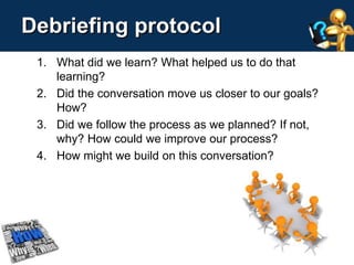 Debriefing protocol 
1. What did we learn? What helped us to do that 
learning? 
2. Did the conversation move us closer to our goals? 
How? 
3. Did we follow the process as we planned? If not, 
why? How could we improve our process? 
4. How might we build on this conversation? 
 