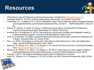 Resources 
• A Big Picture Look at Professional Learning Communities. Available from www.allthings.plc.info 
• Campbell, M.(2011). The PLC at Work Cartoon Book. Bloomington, IN. Solution Tree Press. 
• Carmichael, D. L., & Martens, R. P. (2012). Midwestern magic: Iowa's statewide initiative engages teachers, 
encourages leadership, and energizes student learning. Journal of Staff Development, 33(3), 22- 
26. 
• DuFour, R., DuFour, R., Eaker, R., Many, T. (2006) Learning by Doing: A Handbook for Professional 
Learning Communities at Work. Bloomingto, IN. Solution Tree Press 
• Ermeling, B. A., & Gallimore, R. (2013). Learning to be a community: Schools need adaptable models to 
create successful programs. Journal of Staff Development, 34(2), 42-45. 
• Hord, S., & Sommers, W. (2008). Leading Professional Learning Communities. Voices from Research and 
Practice. Thousand Oaks, CA. Corwin Press. 
• Kise, J. A. (2012). Give teams a running start: Take steps to build shared vision, trust, and collaboration 
skills. Journal of Staff Development, 33(3), 38-42 
• Moirao, D. R., Morris, S. C., Klein, V., & Jackson, J. W. How Do You Know Your PLC is Working? Available 
from www.thoughtfulclassrooms.com 
• Moirao, D. R., Morris, S. C., Klein, V., & Jackson, J. W. (2012). Team check-up: Use 4 goals to assess a 
professional learning community's effectiveness. Journal of Staff Development, 33(3), 32-36. 
• Thomas, J. (2011). The Road to Developing Communities of Professional Learners. 
• Smith, R., Johnson, M., & Thompson, K. D. (2012). Data, our GPS. Educational Leadership, 69(5), 56-59 
 