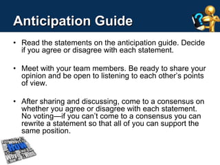 Anticipation Guide 
• Read the statements on the anticipation guide. Decide 
if you agree or disagree with each statement. 
• Meet with your team members. Be ready to share your 
opinion and be open to listening to each other’s points 
of view. 
• After sharing and discussing, come to a consensus on 
whether you agree or disagree with each statement. 
No voting—if you can’t come to a consensus you can 
rewrite a statement so that all of you can support the 
same position. 
 