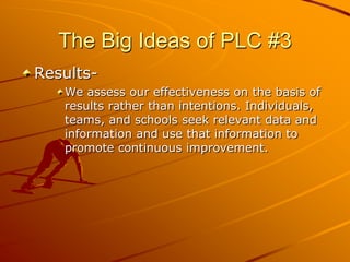 The Big Ideas of PLC #3
ResultsWe assess our effectiveness on the basis of
results rather than intentions. Individuals,
teams, and schools seek relevant data and
information and use that information to
promote continuous improvement.

 
