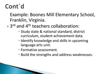 Cont`dExample: Boones Mill Elementary School, Franklin, Virginia.3rd and 4th teachers collaboration:Study state & national standard, district curriculum, student achievement data.Identify knowledge and skills in upcoming language arts unit.Formative assessment.Build the strengths and address weaknesses.