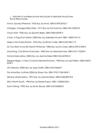 o Add text to wordless picture story books to describe the pictures.
   Some titles include:

Anno's Journey (Philomel, 1978) Illus. by Anno. ISBN 0-399-20762-7

Changes, Changes (Macmillan, 1971) Illus. by Pat Hutchins. ISBN 0-02-745870-9

Clown (Holt, 1996) Illus. by Quentin Blake. ISBN 0-805-04399-3

A Day, A Dog (Front Street, 2000) Illus. by Gabrielle Vincent. ISBN 1-886910-51-0

Deep in the Forest (Dutton, 1976) Illus. by Brinton Turkle. ISBN 0-525-28617-9

Do You Want to be My Friend? (Philomel, 1988) Illus. by Eric Carle. ISBN 0-399-21598-0

Good Dog, Carl (Simon & Schuster, 1985) Illus. by Alexandra Day. ISBN 0-671-75204-9

Home (Greenwillow, 2004) Illus. by Jeannie Baker ISBN 0-06-623935-4

Magpie Magic: A Tale of Colorful Mischief (Putnam, 1999) Illus. by April Wilson. ISBN 0-8037-
2354-7

Oh! (Abrams, 2000) Illus. by Josse Goffin. ISBN 0-810-93660-7

The Arrival Illus. (Lothian 2006) by Shaun Tan. ISBN: 978 0 7344 0694 1

Window (Greenwillow, 1991) Illus. by Jeannie Baker. ISBN 0-688-08918-6

Why? (North-South, 1996) Illus. by Nikolai Popov. ISBN 1-55858-534-6

Zoom (Viking, 1995) Illus. by Istvan Banyai. ISBN 0-670-85804-8




                                     Andrea Hillbrick 2011
 