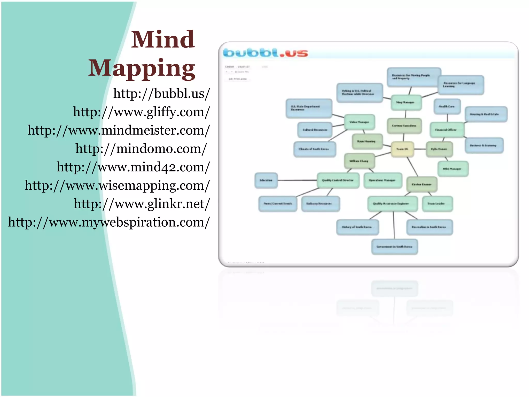 Mind
             Mapping
                   http://bubbl.us/
            http://www.gliffy.com/
   http://www.mindmeister.com/
            http://mindomo.com/
         http://www.mind42.com/
   http://www.wisemapping.com/
            http://www.glinkr.net/
http://www.mywebspiration.com/
 