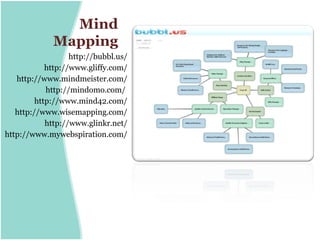 Mind
             Mapping
                   http://bubbl.us/
            http://www.gliffy.com/
   http://www.mindmeister.com/
            http://mindomo.com/
         http://www.mind42.com/
   http://www.wisemapping.com/
            http://www.glinkr.net/
http://www.mywebspiration.com/
 