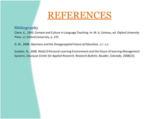 REFERENCES
Bibliography
Claire, K., 1993. Context and Culture in Language Teaching. In: M. d. Certeau, ed. Oxford University
Press. s.l.:Oxford University, p. 237.

D, W., 2008. Openness and the Disaggregated Future of Education, s.l.: s.n.

Scalater, N., 2008. Web2.0 Personal Learning Environment and the future of learning Management
Systems. Educause Center for Applied Research, Research Bulletin, Boulder, Colorado, 2008(13).
 