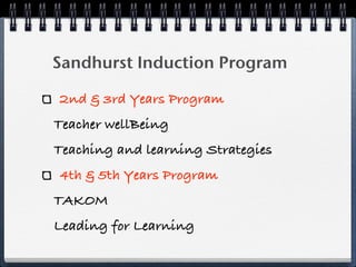 Sandhurst Induction Program

2nd & 3rd Years Program
Teacher wellBeing
Teaching and learning Strategies
4th & 5th Years Program
TAKOM
Leading for Learning
 