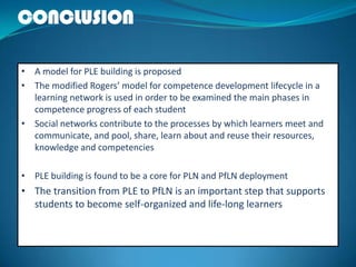CONCLUSION
• A model for PLE building is proposed
• The modified Rogers’ model for competence development lifecycle in a
learning network is used in order to be examined the main phases in
competence progress of each student
• Social networks contribute to the processes by which learners meet and
communicate, and pool, share, learn about and reuse their resources,
knowledge and competencies
• PLE building is found to be a core for PLN and PfLN deployment
• The transition from PLE to PfLN is an important step that supports
students to become self-organized and life-long learners
 