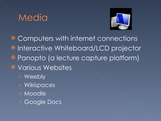 Computers with internet connections Interactive Whiteboard/LCD projector Panopto (a lecture capture platform) Various Websites Weebly Wikispaces Moodle Google Docs 