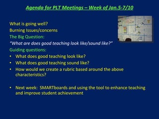 Agenda for PLT Meetings – Week of Jan.5-7/10 What is going well?  Burning Issues/concerns The Big Question: “ What are does good teaching look like/sound like?” Guiding questions: What does good teaching look like? What does good teaching sound like? How would we create a rubric based around the above characteristics?  Next week:  SMARTboards and using the tool to enhance teaching  and improve student achievement 