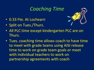 Coaching Time 0.33 Fte. At Lochearn Split on Tues./Thurs. All PLC time except kindergarten PLC are on Thurs. Tues. coaching time allows coach to have time to meet with grade teams using AISI release time to work on grade team goals or meet with individual teachers to work on partnership agreements with coach 