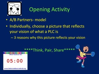 Opening Activity A/B Partners- model Individually, choose a picture that reflects your vision of what a PLC is 3 reasons why this picture reflects your vision ****Think, Pair, Share***** 
