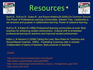 Resources Clipart : http://school.discoveryeducation.com/clipart/ http://www.mydorchester.org/node/5563 http://www.deskscape.com/products_project_management_pg3.html http://www.artie.com/ Barth,R., DuFour,R., Eaker,R., and Eason-Watkins,B.(2005).On Common Ground: The Power of Professional Learning Communities. Solution Tree. -Leadership to set structure and purpose in collaborative learning -Power of collective learning  DuFour,R. & Eaker,R.(1998).Professional learning communities at work: Best practices for enhancing student achievement. -Cultural shift to embedded professional learning for teachers and improved student achievement  Killion,J. & Harrison,C.(2006).Taking the Lead: New Roles for Teachers and School-Based Coaches.  NSDC. -Facilitating Coaching roles in schools -Collaboration of teams of teachers -Best practices in teaching 