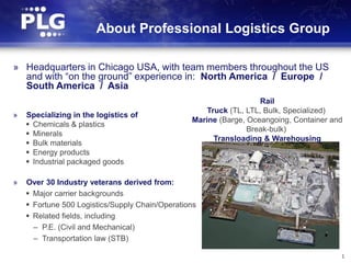 About Professional Logistics Group

» Headquarters in Chicago USA, with team members throughout the US
  and with “on the ground” experience in: North America / Europe /
  South America / Asia
                                                                    Rail
                                                     Truck (TL, LTL, Bulk, Specialized)
»   Specializing in the logistics of
                                                 Marine (Barge, Oceangoing, Container and
     Chemicals & plastics
                                                                Break-bulk)
     Minerals
                                                       Transloading & Warehousing
     Bulk materials
     Energy products
     Industrial packaged goods

»   Over 30 Industry veterans derived from:
     Major carrier backgrounds
     Fortune 500 Logistics/Supply Chain/Operations
     Related fields, including
      – P.E. (Civil and Mechanical)
      – Transportation law (STB)

                                                                                        1
 