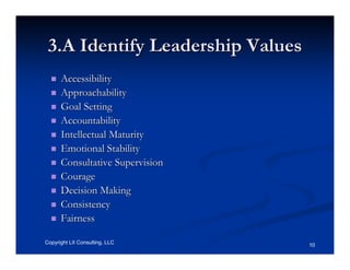3.A Identify Leadership Values
      Accessibility
      Approachability
      Goal Setting
      Accountability
      Intellectual Maturity
      Emotional Stability
      Consultative Supervision
      Courage
      Decision Making
      Consistency
      Fairness

Copyright LII Consulting, LLC     10
 