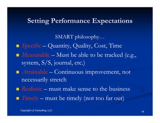 Setting Performance Expectations

                                SMART philosophy…
Specific – Quantity, Quality, Cost, Time
Measurable – Must be able to be tracked (e.g.,
system, S/S, journal, etc.)
Attainable – Continuous improvement, not
necessarily stretch
Realistic – must make sense to the business
Timely – must be timely (not too far out)
Copyright LII Consulting, LLC                       19
 