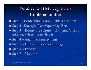 Professional Management
                  Implementation
Step 1 - Leadership Team – Critical first step
Step 2 - Strategic Plan/Operating Plan
Step 3 – Define the culture – Company Vision,
mission, values – must live it
Step 4 – Align the management
Step 5 – Human Resources Strategy
Step 6 – Execute
Step 7 – Monitor

Copyright LII Consulting, LLC                    6
 