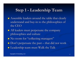 Step 1 - Leadership Team
Assemble leaders around the table that clearly
understand and buy-in to the philosophies of
the CEO
All leaders must perpetuate the company
philosophies and culture
No room for “collecting managers”
Don’t perpetuate the past – that did not work
Leadership team must Walk the Talk
Copyright LII Consulting, LLC                    7
 