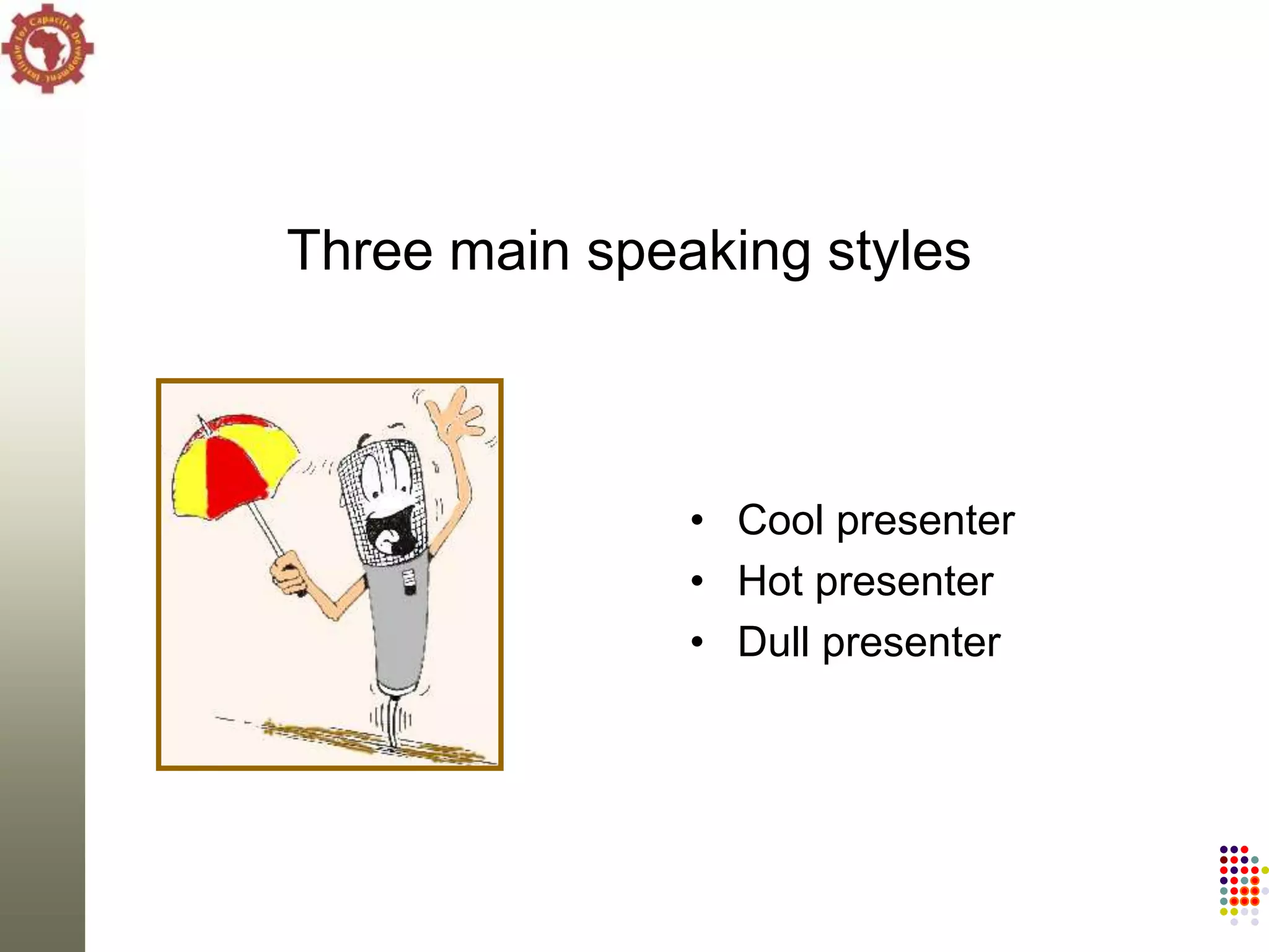Three main speaking styles



               • Cool presenter
               • Hot presenter
               • Dull presenter
 
