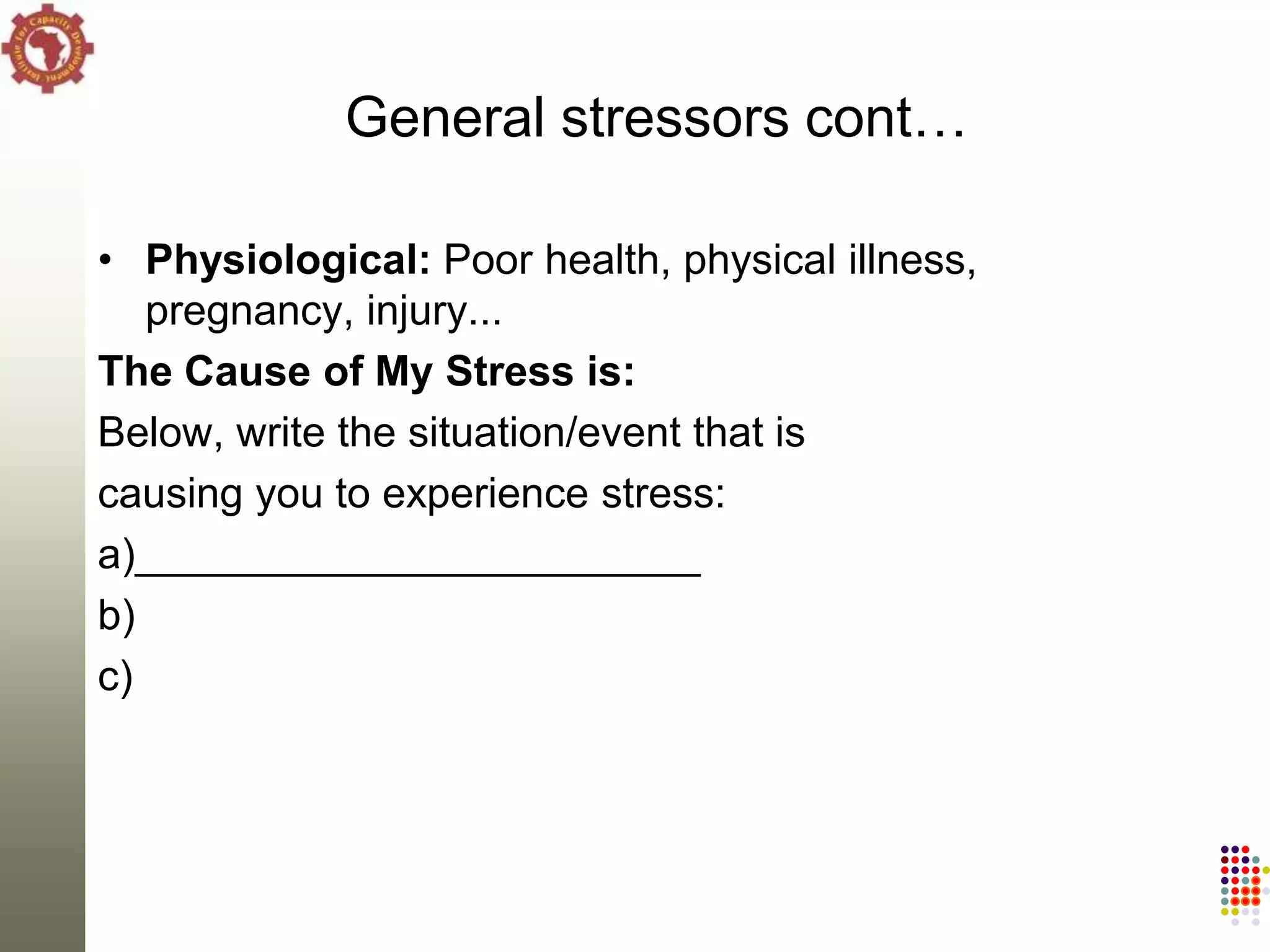General stressors cont…

• Physiological: Poor health, physical illness,
   pregnancy, injury...
The Cause of My Stress is:
Below, write the situation/event that is
causing you to experience stress:
a)________________________
b)
c)
 