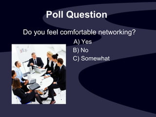 Poll Question   Do you feel comfortable networking?   A) Yes   B) No   C) Somewhat 