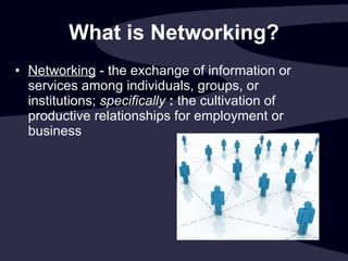 What is Networking? Networking  - the exchange of information or services among individuals, groups, or institutions;  specifically   :  the cultivation of productive relationships for employment or business  