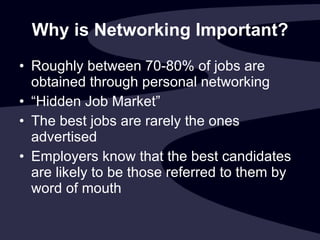 Why is Networking Important? Roughly between 70-80% of jobs are obtained through personal networking “ Hidden Job Market” The best jobs are rarely the ones advertised Employers know that the best candidates are likely to be those referred to them by word of mouth 