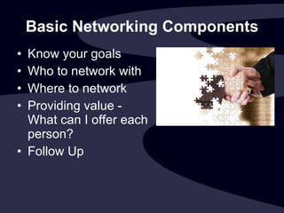 Basic Networking Components Know your goals  Who to network with Where to network Providing value - What can I offer each person? Follow Up 