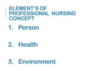 1. Person
2. Health
3. Environment
ELEMENT’S OF
PROFESSIONAL NURSING
CONCEPT
 