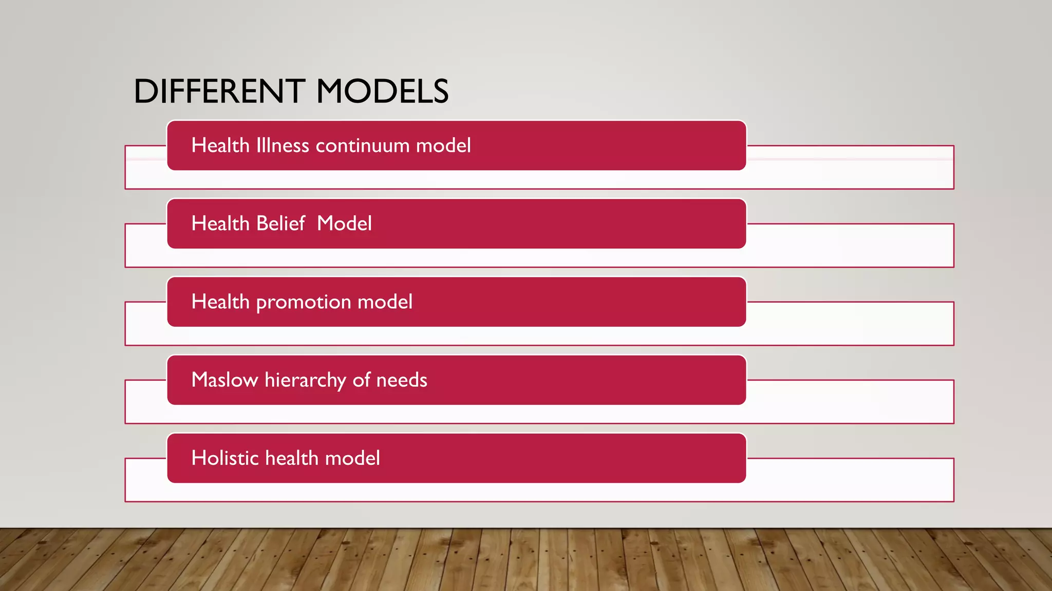 DIFFERENT MODELS
Health Illness continuum model
Health Belief Model
Health promotion model
Maslow hierarchy of needs
Holistic health model
 