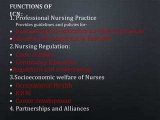 1. Professional Nursing Practice
Provides guidelines and policies for-
• International classification for Nursing Practice...