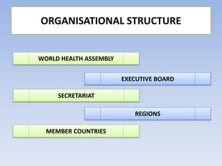 ORGANISATIONAL STRUCTURE
WORLD HEALTH ASSEMBLY
EXECUTIVE BOARD
SECRETARIAT
REGIONS
MEMBER COUNTRIES
 