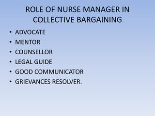ROLE OF NURSE MANAGER IN
COLLECTIVE BARGAINING
• ADVOCATE
• MENTOR
• COUNSELLOR
• LEGAL GUIDE
• GOOD COMMUNICATOR
• GRIEVANCES RESOLVER.
 