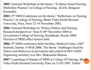 2002: National Workshop on the theme,” Evidence based Nursing
Midwifery Practice” at College of Nursing , KLES, Belgaum
Karnataka.
2003: 8th NRSI Conference on the theme,” Reflections on Nursing
Practice” at college of Nursing, Bharti Vidya Peeth Deemed
University, Pune, from 12-14 November 2003.
2004: National Workshop on “Policy, Politics and Nursing-
Research perspectives” from 8-10th November 2004 at
Government College of Nursing, Kozhikode, Kerala 2004:
Election of NRSI office bearers held.
2006: 9th NRSI conference held Ancillary Medical Center, AMT
Institute, Jammu. 6-8Feb 2006. The theme “challenges faced by
Nurses and Midwives in prevention and control of HIV/AIDS”.
Organizing secretary was Mrs. Shakuntala Sharma.
2007: Launching of Journal of NRSI at College Of Nursing, Bharti
Vidya Peeth Deemed University, Pune on 23-02-2007. Editor:
 