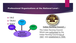 Professional Organizations at the National Level :
 I.N.C
 T.N.A.I
 S.N.A
Indian Nursing Council :-
The Indian Nursing Council,
Which was authorised by the
Indian Nursing Council Act of
1947, was established in 1949.
National
Professional
Organization
I.N.C.
T.N.A.
I
S.N.A
.
 