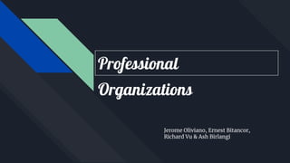 Professional
Organizations
Jerome Oliviano, Ernest Bitancor,
Richard Vu & Ash Birlangi
 