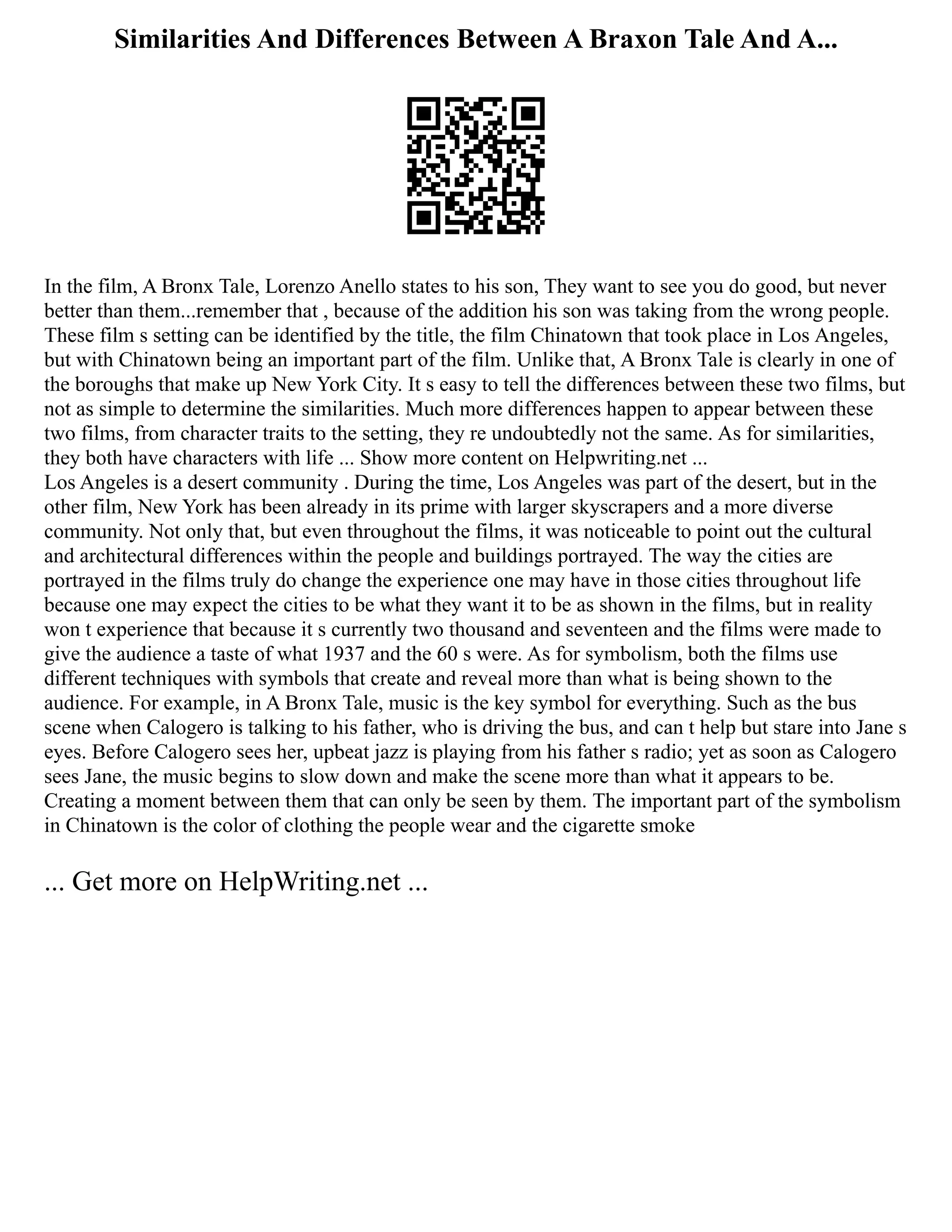Similarities And Differences Between A Braxon Tale And A...
In the film, A Bronx Tale, Lorenzo Anello states to his son, They want to see you do good, but never
better than them...remember that , because of the addition his son was taking from the wrong people.
These film s setting can be identified by the title, the film Chinatown that took place in Los Angeles,
but with Chinatown being an important part of the film. Unlike that, A Bronx Tale is clearly in one of
the boroughs that make up New York City. It s easy to tell the differences between these two films, but
not as simple to determine the similarities. Much more differences happen to appear between these
two films, from character traits to the setting, they re undoubtedly not the same. As for similarities,
they both have characters with life ... Show more content on Helpwriting.net ...
Los Angeles is a desert community . During the time, Los Angeles was part of the desert, but in the
other film, New York has been already in its prime with larger skyscrapers and a more diverse
community. Not only that, but even throughout the films, it was noticeable to point out the cultural
and architectural differences within the people and buildings portrayed. The way the cities are
portrayed in the films truly do change the experience one may have in those cities throughout life
because one may expect the cities to be what they want it to be as shown in the films, but in reality
won t experience that because it s currently two thousand and seventeen and the films were made to
give the audience a taste of what 1937 and the 60 s were. As for symbolism, both the films use
different techniques with symbols that create and reveal more than what is being shown to the
audience. For example, in A Bronx Tale, music is the key symbol for everything. Such as the bus
scene when Calogero is talking to his father, who is driving the bus, and can t help but stare into Jane s
eyes. Before Calogero sees her, upbeat jazz is playing from his father s radio; yet as soon as Calogero
sees Jane, the music begins to slow down and make the scene more than what it appears to be.
Creating a moment between them that can only be seen by them. The important part of the symbolism
in Chinatown is the color of clothing the people wear and the cigarette smoke
... Get more on HelpWriting.net ...
 