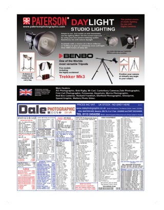 PRICES INC VAT.                          UK STOCK - NO GREY HERE                                                   8.4.11

                                                                                                                   www.dalephotographic.co.uk                               60-62 The Balcony, The Merrion Centre, Leeds, LS2 8NG.

                                                                                                                      VISA, MASTERCARD, Maestro, DELTA, 2 or 3 Year LEASING and PART EXCHANGE.

                                                                                                                   TEL 0113 2454256 email                                dalephotographic@btconnect.com (Prices subject to change)

                                                                                                                                                                 USED EQUIPMENT                             MORE LISTED ON OUR WEB SITE
                                       LIGHT METERS UK STOCK                    Canon UK Stock                    NIKON Professional Dealer                                                              Nikon D300 body                  £650
                                       Gossen Sixtomat Digital    £ 188      UK STOCK- FROM CANON UK              ALL UK STOCK FROM - NIKON UK                                                           Nikon MB-D10 Grip                £149
    PRICES INCLUDE VAT                 Gossen Digi Pro F          £ 152                                                                                     Hasselblad H4D -50 Body           £13995
                                                                             7D Body                    £ 1189    D300S Body                       £ 999    Hasselblad H4D - 40 Body            £9995    Nikon MB-D200 Grip                 £75
 H4D - 31 + 80mm HC lens KIT           Gossen Starlite 2          £ 458      7D + 18 - 135mm IS         £ 1479                                                                                           Nikon D60 + 18-55 VR             £329
                                       Sekonic L 308S             £148                                            D300S + MB-D10 Grip            £ 1195     Hasselblad HM 16/32 Film back       £ 395
 special offer            £ 9499                                             7D + 15 - 85 IS           £ 1672     D300S + 17-55 f2.8 D           £ 2099     Hasselblad 28mm HCD Lens            £2295    Nikon D80 body                    £250
                                       Sekonic L358               £ 209      5D MKII Body              £ 1699                                                                                            Nikon D3X body                  £4399
 H4D - 31 + CF Adapter £ 9499          Sekonic L 758D             £ 392                                           D300S + 10 - 24mm DX           £ 1579     Hasselblad 50mm HC Lens            £1995
                                                                             5D MKII Body + 24-105L IS £ 2344     D300S + 18-200 VRII            £ 1529     Hasselbad 35-90mm HCD Lens         £3495     Fuji S5 Pro body                  £395
 H4D - 40 + 80mm         £13933        Sekonic L758 DR            £ 432      5D MKII Body + 24-70 f2.8L £ 2575    D300S + 16-85mm VR             £ 1459     Hasselblad 150mm HC Lens           £1795     Nikon F3HP Body                   £395
 H4D- 40 + 35-90mm kit £17730          Sekonic C 500               £ 799     5D MKII + 16-35 f2.8L MK2 £ 2719                                                                                            Nikon F3/T HP body                £395
                                                                                                                  D700 Body                       £ 1899    Hasselblad 150mm CF Lens             £450
 H4D - 40 Body set       £12877                                              60D Body                    £ 839                                                                                           Nikon F5 body                    £449
 H4D - 50 Body set       £19536
                                         POCKETWIZARD                        60D + 17/85 IS Lens        £1079
                                                                                                                  D700 + 24 - 70mm f2.8 AFS      £ 3100     Hasselblad 210mm HC Lens           £1895
                                                                                                                                                                                                         Nikkor 17 - 55mm f2.8G AFS       £675
                                      Mini TT1 CE NIKON IN STOCK      £199                                        D700 + 14 - 24mm f2.8 AFS      £ 3199     Hasselblad 300mm HC Lens           £1995
 H4D- 50 + 35 - 90mm kit £24388       FLEX TT5 CE NIKON IN STOCK      £216   2 Free sensor cleans worth           D700 + 24-120mm f4 VR          £ 2749     Hasselblad H 1.7X Converter          £695    Nikkor AFS 24- 85mm               £250
                                      BUNDLE 1 x Mini 2 x Flex NIKON £529                                                                                   Hasselblad GIL                       £399    Nikkor 14mm f2.8 ED AFD          £695
 NEW H4D- 60 Body KIT £27984          Mini TT1 CE Canon IN STOCK     £197    £90 when you buy a Canon             D700 + 28-300mm AFS VR         £ 2599
                                      FLEX TT5 CE Canon IN STOCK     £216                                         D3S Body                       £ 3599     Hasselblad 160mm CB Lens             £595    Nikkor 18 - 35mm AFD              £295
“Contact us to arrange a Demo”                                               5D II, 1DS MkIII or 1D Mk4                                                     Hasselblad A12 - Latest type         £295    Sigma EX 50mm f2.8 Macro Nikon   £169
                                      BUNDLE 1 x Mini 2 x Flex Canon £520
                                                                             EOS 1 D Mk4                £ 3679    D 3S + 24 - 70mm f2.8 AFS Lens £ 4849
 CFV - 39                 £ 9709      PLUS II TWIN Pack              £249                                         D 3S + 14 - 24mm f2.8 AFS Lens £ 4899     Proshade 6093T + 060 adapter         £150    Sigma 18 - 50mm f2.8 DC - Nikon  £229
                                                                             EOS 1 DS Mk III            £ 5399                                              Bronica RF645 + 65mm Lens            £595    Nikkor AFS 24-120mm f3.5-5.6G VR £325
 New CFV - 50            £11336                                              1 Free sensor cleans worth           D 3S + 70 - 200mm f2.8 VRII     £ 5248
                                                   SIGMA                                                          D3X Body                       £ 5199     Bronica 40mm PE Lens                 £295    Nikkor 300mm f2.8 ED AIS          £595
         HC LENSES                     8 - 16mm f4 - 5.6 DC       £ 529      £45 when you buy a Canon             D 3X + 24-70mm f2.8 AFS Lens £ 6199       Bronica 40mm E Lens                  £195    Nikkor AFS 24-120mm f3.5-5.6 VR    £325
28mm Lens HCD            £ 3126       10 - 20 mm f 4 / 5.6 EX DC. £ 410      7D / 550D /600D/60D camera           D 3X + 14-24mm f2.8 AFS Lens £ 6299       Bronica 50mm PE Lens ETRS / i       £ 250    Zeiss 18mm f3.5 ZF.2 Nikon        £895
                                      10 - 20mm f3.5 EX DC HSM £ 479         2
                                                                             600D +18 -55 IS              £ 729                                             Bronica 150mm E lens                £ 125    Zeiss 85mm f1.4 ZF.2 Nikon        £825
35 mm Lens HC            £ 2662                                                                                   D 3X + 70-200mm f2.8 VRII Lens £ 6649
35 - 90 HCD              £ 4962       12 - 24 mm f 4.5 / 5.6 EX DG£ 642      600D Body                    £ 639   D7000 + 18-105 VR II            £ 1049    Bronica 150mm MC Lens                £125    Zeiss 100mm Makro f2 ZF.2 Nikon £1215
50 - 110 mm zoom HC £ 3191            10mm f 2.8 EX DC Fisheye £ 487         550D +18 -55 IS              £ 659   D7000                             £ 899   Bronica 250mm E lens                £ 195    Nikon SB600                       £175
50 mm MK II Lens HC £ 2910            24 - 70 mm f 2.8 EX DG      £ 447      550D Body                    £ 549   14 - 24mm f2.8G AFS            £ 1367     Bronica 50mm f3.5 PS Lens           £ 195    Nikon R1C1 Macro Kit              £495
80mm Lens HC             £ 1711       24 - 70mm f 2.8 EX DG HSM £610         Powershot G12                £ 419   16 - 35 mm f4G AFS VR            £ 877    Bronica 65mm PS Lens                £ 195    Nikon SB R200 Flash               £149
100mm Lens HC            £ 2370       85mm f1.4 EX DG HSM          £669      16 - 35 f 2.8L MK2          £1199    17 - 35mm f2.8D AFS             £1581     Bronica 150mm PS Lens         £125 - £195    Canon EOS 1D MKIV body           £1495
120mm Macro Lens HC £ 2694            70 - 200mm f2.8 DG OS        £979      17 - 40 f 4 L USM            £ 609   24mm f1.4G AFS                  £1735     Bronica 250mm PS Lens               £ 195    Canon EOS 60D Body                £675
120mm Macro MK II HC £ 3310           120 - 400mm Apo DG OS £689             17 - 55 f 2.8 EFS            £ 829   24 - 70 f2.8G AFS              £ 1282     Bronica S-36 Tube                     £ 75   Canon BG-E4 Grip                    £99
150 mm Lens HCN Lens £ 2478           150 - 500mm Apo OS          £ 795      10 - 22 EFS USM              £ 633   New 24 - 120mm f4G AFS VR         £899    Bronica E-42 Tube                   £ 125    Sigma EX DC 17-50mm f2.8 OS       £395
210 mm Lens HC           £ 2586       50 - 500mm Apo OS          £1197       17 - 85 EFS IS USM           £ 385   10 - 24mm f3.5/4.5 DX            £ 683    Mamiya 645 AF 55-110mm New £ 695             Canon EF 24-85 f3.5-4.5 USM       £139
300mm Lens HC            £ 3083                  TOKINA                      18 - 200mm EFS IS USM       £ 429    12 - 24mm f4 DX                  £ 855    Mamiya 645 AF Polaroid Back NEW £95          Canon EF 20 - 35mm f3.5/4.5      £ 250
HTS Tilt + Shift adapter £ 3774       10 -17mm f 3.5/4.5 ATX Pro £ 509       60 mm EFS Macro             £ 347    16 -85mm f 3.5/ 5.6 DX VR        £ 469    Mamiya 645 110mm f2.8 Lens          £ 179    Canon EF 28 - 135mm IS            £199
1.7 X Teleconverter      £ 1139       11 - 16mm f 2.8 ATX Pro     £ 560      24 - 70 f2.8 L USM            £987   17 - 55 mm f 2.8 DX             £1109     Mamiya 645 210mm f4 Lens            £ 105    Canon EF 28 - 200mm f3.5-5.6       £250
GIL - GPS                 £ 523       16 - 28mm f2.8 ATX Pro DX £ 849        24 - 105mm f 4 L IS          £ 899   18 - 200mm DX VR II              £ 624    Mamiya 645 210mm f4 Lens             £195    Canon EF 70-200mm f2.8L IS USM     £995
Battery Grip 7.2V          £183       16 - 50mm f2.8 ATXPro       £ 621      24 - 105mm f 4L IS White Box £799    NEW 28 - 300mm AFS VR            £ 779    Mamiya 645 300mm f5.6 Lens          £ 199    Canon EF 70-300mm DO IS USM       £695
X1 Scanner               £ 9499       100mm Macro f2.8            £ 407      TSE 17mm f4L                £1999    PC-E 24mm f3.5 Tilt +Shift       £1449    Mamiya 7 - 43mm Lens + finder        £995    Sigma 28 - 300mm Macro EOS        £149
X5 Scanner             £ 15095                                               TSE 24 mm f 3.5 L II        £1749    35mm f1.4 G AFS                  £1499    Mamiya 7 - 50mm Lens Ex Demo £995            Sekonic L359                      £149
                                         BOWENS Lighting                     24mmf1.4 L II USM          £ 1375    50mm f1.4G AFS                    £ 307   Mamiya 7 - 150mm Lens                £505    SEE OUR WEB SITE FOR LATEST USED
ColorMunki Photo               £299   500R/500R Kit           £887           50mm f1.8 II                  £101   70 - 300 mm AFS VR               £ 449    Mamiya 7 - 150mm Lens + finder       £695                     LISTINGS
X-Rite Eye 1 Display 2         £139                                          50 mm f 1.4 USM              £ 322   70 - 200 mm f 2.8 AFS VR II    £ 1689     Mamiya 7 - 210mm Lens + finder       £607
                                      500/500 Classic kit     £730           50mm f1.2 L USM             £1310    80 - 400 mm f 4.5 / 5.6 VR     £ 1099     Mamiya 7 - 35mm Panoramic kit          £78     BILLINGHAM STOCKIST
X-Rite ColorChecker Passport    £79   500/500C Pulsar Kit £820
Spyder 3 Pro                   £107                                          70 - 200 f 4 L USM           £ 539   200 -400mm f4 AFS VR II        £ 5199     Mamiya 120 back 645 Super             £ 50   550 £475 445 £263 335 £242 225 £233
                                      500R/500R Travel Pak£1326              70- 200mm f4 L IS            £ 922   200mm f2 AFS VR II             £ 4432     Mamiya RZ 180mm Lens                £ 125    555 £297 307 £ 272 207 £255 107 £233
                                      500R/500R/500R Kit £1299               70 - 200 f 2.8 L            £ 984                                              Mamiya RZ Polaroid back NEW          £ 125
           Leica                      500/500 PRO Kit        £1075           70 - 200 f2.8 L IS MKII    £ 1864
                                                                                                                  300mm f 2.8 AFS VR II
                                                                                                                  400mm f2.8 AFS VR
                                                                                                                                                 £ 4265
                                                                                                                                                 £ 6999     RB67 Pro SD + 50 + 90mm lenses £895          Zeiss Lenses - NIKON + CANON
M9 STEEL GREY BODY £4899              500/500 PRO Travel £1541               70 - 300mm f 4 / 5.6 IS      £ 417   500mm f4 AFS VR                £ 6153     RB67 180mm PRO SD Lens NEW £195  18mm f3.5 Distagon - Nikon ZF.2 £ 1098
M9 BLACK BODY           £4899                                                70- 300 f 4 5.6 L IS       £ 1199    600mm f4 AFS VR                £ 7433     Mamiya RB 67 210mm Sekor            £ 150
                                                                                                                                                                                             18mm f3.5 Distagon - Canon ZE £ 1055
                                      500/500/500 PRO Kit £1741              85 mm f 1.8 USM              £ 319   60 mmf 2.8 AFS Micro             £ 408    Mamiya 6 - 50mm Lens                £ 350
M9 demo in stock - take a look        750/750 PRO Kit        £1291                                                                                                                           21mm f2.8 Distagon - Nikon ZF.2 £ 1395
                                                                             85mm f 1.2 L II USM        £ 1813    85mm f3.5 AFS Micro              £ 426    Contax 645 Film back + Insert       £ 195
                                                                                                                                                                                             21mm f2.8 Distagon - Canon ZE £ 1395
     ALL LENSES 6 BIT                 750/750 PRO Travel £1719               100 - 400 f4.5 / 5.6 IS    £1243     85mm f1.4G AFS                 £ 1399     Contax TVS                            £149
                                                                                                                                                                                             25mm f2.8 Distagon - Nikon ZF     £ 780
21mm f2.8 Elmarit asp M £2807         750/750/750 PRO Kit £1994              100 mm f 2.8 Macro          £ 417    105mm f 2.8 Micro VR             £ 639    Pentax 645 - 200mm f4                £ 295
                                                                                                                                                                                             28mm f2 Distagon - Nikon ZF.2    £1006
24mm f2.8 Elmarit asp M £2573         1000/1000 PRO Kit      £1517           100mm f2.8L IS Macro         £ 749   SB 700 Speedlight                £ 259    Pentax 6x7 300mm f4                 £ 249
                                                                                                                                                                                             28mm f2 Distagon - Canon ZE       £ 982
35mm f2.5 Summarit M £1153            1000/1000PRO Travel £1999              300 mm f 4 IS USM          £ 1195    SB 900 Speedlight                £ 342    Rollei 40mm PQ f3.5 super angulon £1495
                                                                                                                                                                                             35mm f2 Distagon - Nikon ZF.2     £ 846
50mm f2.5 Summarit M      £883                                               300mm f 2.8 L II IS        £ 5999    SB-R1C1 Macro Flash kit          £ 608    Minolta booster II                    £ 50
                                                                                                                                                                                             35mm f2 Distagon - Canon ZE       £ 846
                                      QuadX Studio Set      £ 3298           400mm f 5.6 L              £ 1149    Nikon TC 14 EII / TC17          £ 323     Leica Tri Elmar 6 bit              £3250
50mm f2 Summicron M £1347             QuadX 2400 kit        £ 2532                                                                                                                           50mm f1.4 Planar - Nikon ZF.2    £ 569
75mm f2.5 Summarit M £1122                                                   400mm f 4 DO IS            £ 5344                                                 WE STOCK LEE FILTERS          50mm f1.4 Planar - Canon ZE       £ 550
90mm f2.5 Summarit M £1122            Explorer 1500 - 2 Kit £ 2552           400mm f 2.8 L II IS         £8899                                                                               50mm f2 Makro-Planar Nikon ZF.2 £1006
                                      Fresnel 200            £ 449           500mm f 4 L IS             £ 5499
                                                                                                                         NEW FUJI GF670                        Big Stopper £100 In Stock
X1 STEEL GREY           £1377                                                                                                                                                                50mm f2 Makro-Planar Canon ZE £ 982
                                      Pulsar twin pack        £ 233          1.4x EXTENDER III            £ 499   medium format, rangefinder                                                 85mm f1.4 Planar - Nikon ZF.2   £ 1006
X1 BLACK                £1395
                                      Pulsar Trigger Card       £75          2x EXTENDER III              £ 499                                                   POLAROID FILM              85mm f1.4 Planar - Canon ZE     £ 1000
V-LUX 20                 £489                                                580 EX MKII Speedlight        £369
                                                                                                                  6x6 / 6x7 folding camera, with            PX100 Silvershade B+W     £18.38 100mm Makro-Planar - Nikon ZF.2 £1415
D - LUX 5                £645         Pocket Wizard card      £107           430 EX MK II Speedlight       £199   lens hood + case + film £1699             PX600 Silvershade B+W     £18.38 100mm Makro-Planar - Canon ZE £1423
 