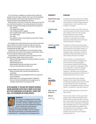 It is true that your credibility as a business will be called into    PROPERTY              PURPOSE
question if you don’t have a website. Don’t just rush into building a
website, however. Think how you will measure its success in             Google Places page    To enable my business to get found in Google
pounds sterling and work backwards from there.                                                ‘local’ searches, to provide a place where I can
  What job does it need to do? To start with, chances are it won’t be                         post promotions and where happy customers
your only internet ‘property’. Your online presence will consist of                           can post reviews in order to promote clicks
a number of linked and mutually promoting internet ‘properties’:                              through to my website
       Your website
       Your Google Places page                                          Facebook page         To enable me to stay in touch with customers,
       Your Facebook profile or page(s)                                                       have conversations with them and their friends,
       Your LinkedIn profile and/or company profile                                           get my happy customers to ‘like my page’
       Your Twitter page                                                                      and recommend me to their friends.
       Your blog                                                                              To advertise to the friends of my happy
       Your profiles in other social networks such as Flickr, Picasa,                         customers, to showcase work, to build
       YouTube and Vimeo                                                                      long-lasting relationships and to drive sales
                                                                                              enquiries through to my website
  At a headline level, what function does each of these tools have?
Take a moment to consider first why you might use each one,             LinkedIn profile(s)   To enable me to stay in touch with business
with the last line being your website. Your answers might look                                customers, have conversations with them and
something like the table, right.                                                              their associates, get my happy customers to
  Chances are, when it boils down to it, you are going to create                              recommend me, to advertise to marketing
a machine that turns visitors into enquiries. So the visitors will be                         managers locally, to showcase my work, to
the most important thing you have to consider.                                                build long-lasting relationships and to drive
  In preparation for next month’s column I am going to set you                                sales enquiries through to my website
some homework. Build a picture of your visitor:
      Who are they? (Age, profession, interests, passions, concerns)    Twitter               I will use Twitter on my mobile phone to
      Why are they here?                                                                      share amusing thoughts and snippets that
      How did they get here?                                                                  I come across as a local photographer.
      What questions will they have about my service?                                         To communicate frequently and informally
      How can I persuade them to choose me?                                                   from my PC and from my mobile phone while
                                                                                              I’m out and about. To share the odd great
  Now be really clear about your business. Ask yourself:                                      picture I take and post links to my other
    What do I do best? (You cannot be the best there is at                                    ‘properties’. Ultimately communicating with
    everything)                                                                               existing friends and customers with the aim of
    What would be the most profitable business I can generate                                 being discovered by new ones as well
    from my website?
    What makes me or my business special or different?                  Blog                  To build a place where I share detailed
    How can I illustrate what difference my specialisms or                                    thoughts, stories, experiences and ideas.
    strengths really make to my customers? PP                                                 To talk about my passions and my life. This will
                                                                                              be a place where I can start conversations,
                                                                                              comment on developments I observe and send
IN THE MEANTIME, IF YOU HAVE ANY THOUGHTS ON WHICH                                            people to my website to make sales enquiries
ONLINE MARKETING TACTICS REALLY WORK PLEASE EMAIL
                                                                        Other internet        Describe as appropriate (we’ll cover these in
ME AT PAUL@INTERGAGE.CO.UK AND WE’LL SHARE YOUR                         properties            later articles)
REAL-LIFE EXPERIENCES IN FUTURE ARTICLES
                                                                        Website               To be my sales machine. To be a place where
              BIOGRAPHY                                                 WWW.
                                                                                              people can go if they are interested in doing
              Paul Tansey is managing director of South                                       business with me to discover what I can do for
              Coast digital agency Intergage and has spent                                    them; to persuade them I will do a great job for
              more than a decade in digital marketing, in                                     them and to set their expectations realistically
              consulting, sales and management positions.                                     about availability and price so any enquiry that
              He has worked with clients as big as                                            comes through will be well-qualified. It will
  Microsoft, Motorola and Toshiba but prefers the                                             also signpost my other ‘properties’ so people
  challenges of working with SMEs (small and medium                                           can get to know me better in order to
  enterprises) and charities. He describes himself as a                                       help them like me and trust me enough to
  marketing nerd – marketing first, technology second.                                        do business with me



                                                                                                                                                 61
 