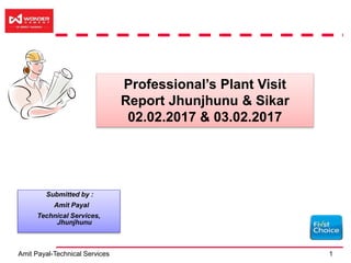 Amit Payal-Technical Services 1
Submitted by :
Amit Payal
Technical Services,
Jhunjhunu
Professional’s Plant Visit
Report Jhunjhunu & Sikar
02.02.2017 & 03.02.2017
 
