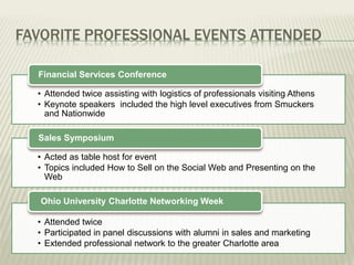 FAVORITE PROFESSIONAL EVENTS ATTENDED
• Attended twice assisting with logistics of professionals visiting Athens
• Keynote speakers included the high level executives from Smuckers
and Nationwide
Financial Services Conference
• Acted as table host for event
• Topics included How to Sell on the Social Web and Presenting on the
Web
Sales Symposium
• Attended twice
• Participated in panel discussions with alumni in sales and marketing
• Extended professional network to the greater Charlotte area
Ohio University Charlotte Networking Week
 