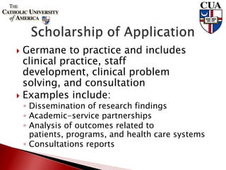  Germane to practice and includes
clinical practice, staff
development, clinical problem
solving, and consultation
 Examples include:
◦ Dissemination of research findings
◦ Academic-service partnerships
◦ Analysis of outcomes related to
patients, programs, and health care systems
◦ Consultations reports
 