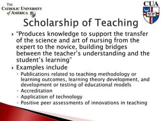  “Produces knowledge to support the transfer
of the science and art of nursing from the
expert to the novice, building bridges
between the teacher’s understanding and the
student’s learning”
 Examples include
◦ Publications related to teaching methodology or
learning outcomes, learning theory development, and
development or testing of educational models
◦ Accreditation
◦ Application of technology
◦ Positive peer assessments of innovations in teaching
 
