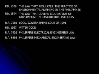 P.D. 1308 THE LAW THAT REGULATES THE PRACTICE OF
ENVIRONMENTAL PLANNING IN THE PHILIPPINES
P.D. 1594 THE LAW THAT GOVERN BIDDING OUT OF
GOVERNMENT INFRASTRUCTURE PROJECTS
R.A. 7160 LOCAL GOVERNTMENT CODE OF 1991
P.D. 1067 WATER CODE
R.A. 7920 PHILIPPINE ELECTRICAL ENGINEERING LAW
R.A. 8495 PHILIPPINE MECHANICAL ENGINEERING LAW
 