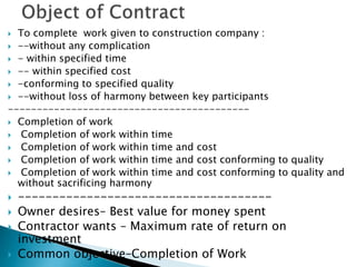  To complete work given to construction company :
 --without any complication
 - within specified time
 -- within specified cost
 -conforming to specified quality
 --without loss of harmony between key participants
------------------------------------------
 Completion of work
 Completion of work within time
 Completion of work within time and cost
 Completion of work within time and cost conforming to quality
 Completion of work within time and cost conforming to quality and
without sacrificing harmony
 -------------------------------------
 Owner desires– Best value for money spent
 Contractor wants – Maximum rate of return on
investment
 Common objective–Completion of Work
 