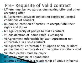  i.There must be two parties one making offer and other
accepting offer
 Ii. Agreement between contacting parties to terms&
conditions of contract
 iiiGenuine intention of parties to accept/fulfill their
rights and duties
 Iv Legal capacity of parties to make contract
 v Consideration of some value exchanged
 Vi Agreement enforceable by law--Agreement not
enforceable is a void contract
 Vii Agreement enforceable at option of one or more
parties but not enforceable at the options of other- void
 Viii Both parties must be major
 Ix Parties must be of sound mind
 X Parties must not in a relationship of undue influence
 